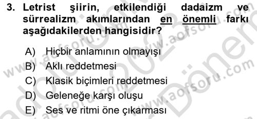 Batı Edebiyatında Akımlar 2 Dersi 2023 - 2024 Yılı (Final) Dönem Sonu Sınav Soruları 3. Soru