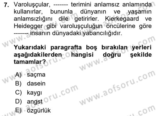Batı Edebiyatında Akımlar 2 Dersi 2023 - 2024 Yılı (Final) Dönem Sonu Sınav Soruları 7. Soru