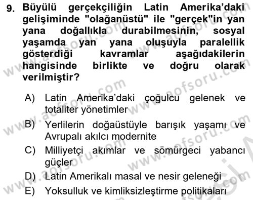 Batı Edebiyatında Akımlar 2 Dersi 2023 - 2024 Yılı (Final) Dönem Sonu Sınav Soruları 9. Soru