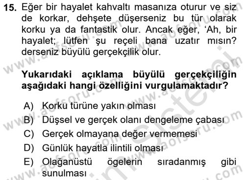 Batı Edebiyatında Akımlar 2 Dersi 2023 - 2024 Yılı Yaz Okulu Sınav Soruları 15. Soru