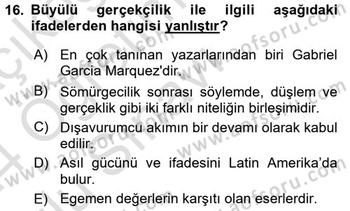 Batı Edebiyatında Akımlar 2 Dersi 2023 - 2024 Yılı Yaz Okulu Sınav Soruları 16. Soru