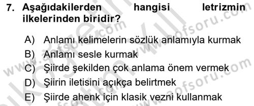 Batı Edebiyatında Akımlar 2 Dersi 2023 - 2024 Yılı Yaz Okulu Sınav Soruları 7. Soru