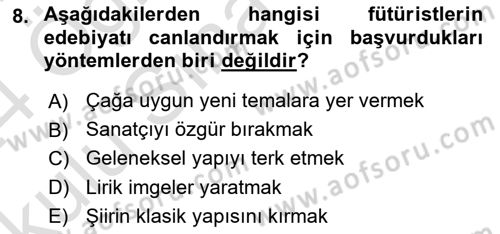 Batı Edebiyatında Akımlar 2 Dersi 2023 - 2024 Yılı Yaz Okulu Sınav Soruları 8. Soru