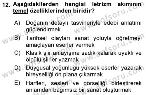 Batı Edebiyatında Akımlar 2 Dersi 2024 - 2025 Yılı (Vize) Ara Sınav Soruları 12. Soru