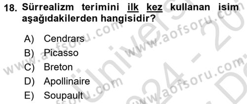 Batı Edebiyatında Akımlar 2 Dersi 2024 - 2025 Yılı (Vize) Ara Sınav Soruları 18. Soru