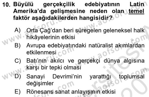Batı Edebiyatında Akımlar 2 Dersi 2024 - 2025 Yılı (Final) Dönem Sonu Sınav Soruları 10. Soru