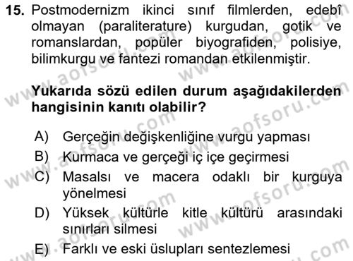 Batı Edebiyatında Akımlar 2 Dersi 2024 - 2025 Yılı (Final) Dönem Sonu Sınav Soruları 15. Soru