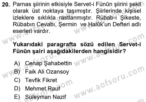 Batı Edebiyatında Akımlar 2 Dersi 2024 - 2025 Yılı (Final) Dönem Sonu Sınav Soruları 20. Soru