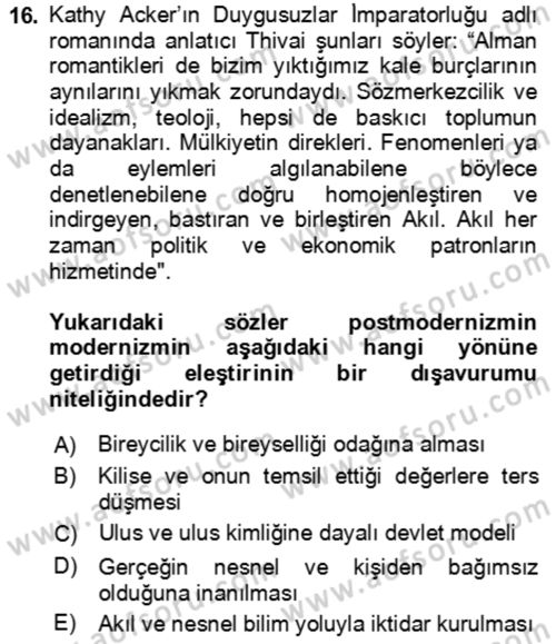 Batı Edebiyatında Akımlar 2 Dersi 2024 - 2025 Yılı Yaz Okulu Sınav Soruları 16. Soru