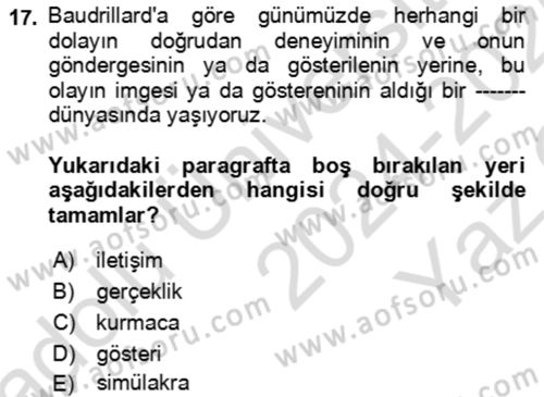 Batı Edebiyatında Akımlar 2 Dersi 2024 - 2025 Yılı Yaz Okulu Sınav Soruları 17. Soru