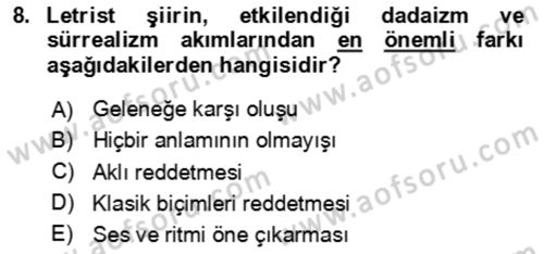 Batı Edebiyatında Akımlar 2 Dersi 2024 - 2025 Yılı Yaz Okulu Sınav Soruları 8. Soru