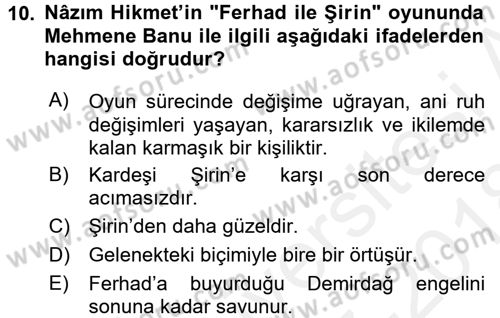 Yeni Türk Edebiyatına Giriş 1 Dersi 2017 - 2018 Yılı (Final) Dönem Sonu Sınav Soruları 10. Soru