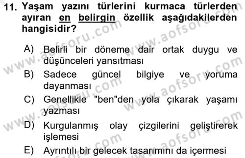 Yeni Türk Edebiyatına Giriş 1 Dersi 2017 - 2018 Yılı (Final) Dönem Sonu Sınav Soruları 11. Soru