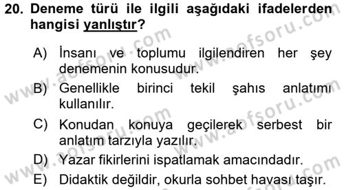 Yeni Türk Edebiyatına Giriş 1 Dersi 2017 - 2018 Yılı (Final) Dönem Sonu Sınav Soruları 20. Soru