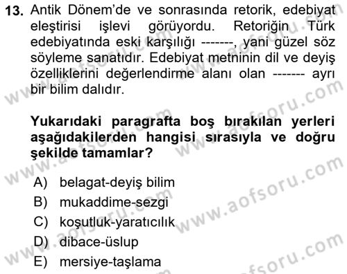 Yeni Türk Edebiyatına Giriş 1 Dersi Ara Sınavı Deneme Sınav Soruları 13. Soru