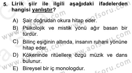 Yeni Türk Edebiyatına Giriş 1 Dersi Ara Sınavı Deneme Sınav Soruları 5. Soru