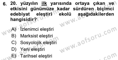 Yeni Türk Edebiyatına Giriş 1 Dersi 2018 - 2019 Yılı (Vize) Ara Sınav Soruları 6. Soru