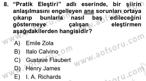 Yeni Türk Edebiyatına Giriş 1 Dersi Ara Sınavı Deneme Sınav Soruları 8. Soru