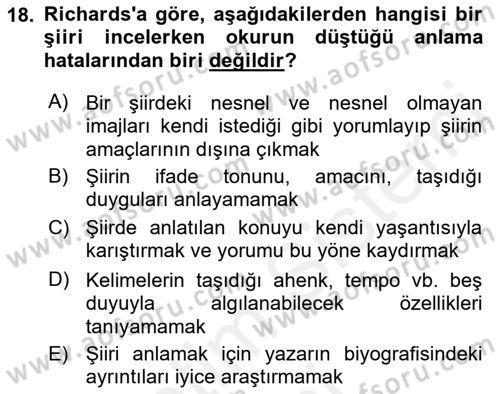 Yeni Türk Edebiyatına Giriş 1 Dersi 2018 - 2019 Yılı (Final) Dönem Sonu Sınav Soruları 18. Soru
