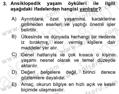 Yeni Türk Edebiyatına Giriş 1 Dersi 2018 - 2019 Yılı (Final) Dönem Sonu Sınav Soruları 3. Soru