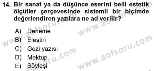 Yeni Türk Edebiyatına Giriş 1 Dersi 2018 - 2019 Yılı Yaz Okulu Sınav Soruları 14. Soru