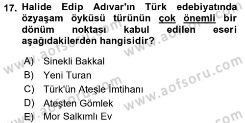 Yeni Türk Edebiyatına Giriş 1 Dersi 2018 - 2019 Yılı Yaz Okulu Sınav Soruları 17. Soru