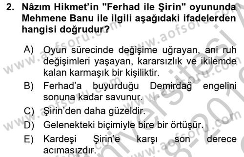 Yeni Türk Edebiyatına Giriş 1 Dersi 2018 - 2019 Yılı Yaz Okulu Sınav Soruları 2. Soru