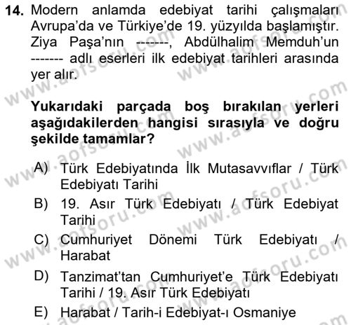 Yeni Türk Edebiyatına Giriş 1 Dersi 2019 - 2020 Yılı (Vize) Ara Sınav Soruları 14. Soru