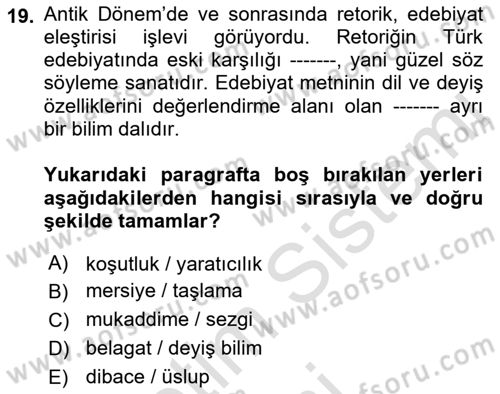 Yeni Türk Edebiyatına Giriş 1 Dersi Ara Sınavı Deneme Sınav Soruları 19. Soru