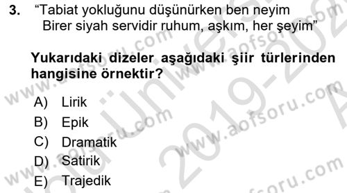 Yeni Türk Edebiyatına Giriş 1 Dersi Ara Sınavı Deneme Sınav Soruları 3. Soru