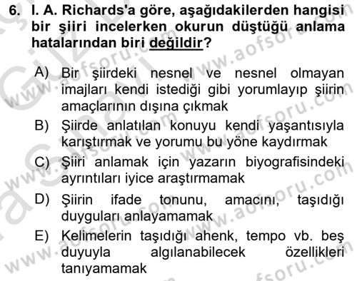 Yeni Türk Edebiyatına Giriş 1 Dersi Ara Sınavı Deneme Sınav Soruları 6. Soru