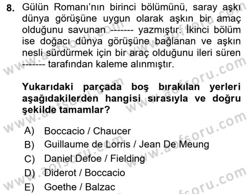 Yeni Türk Edebiyatına Giriş 1 Dersi Ara Sınavı Deneme Sınav Soruları 8. Soru