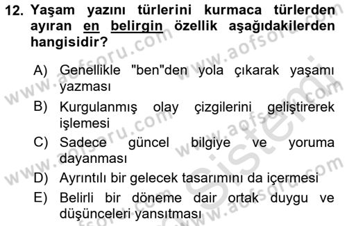 Yeni Türk Edebiyatına Giriş 1 Dersi 2019 - 2020 Yılı (Final) Dönem Sonu Sınav Soruları 12. Soru