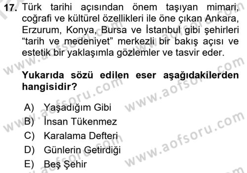 Yeni Türk Edebiyatına Giriş 1 Dersi 2019 - 2020 Yılı (Final) Dönem Sonu Sınav Soruları 17. Soru
