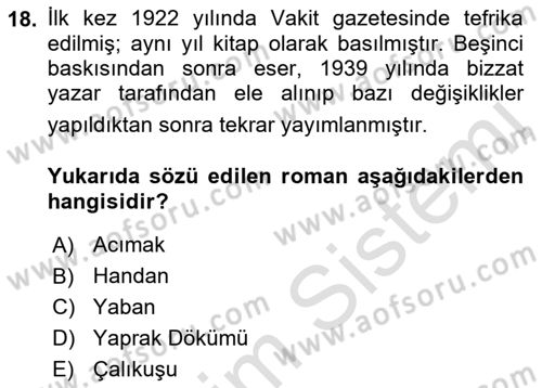 Yeni Türk Edebiyatına Giriş 1 Dersi 2019 - 2020 Yılı (Final) Dönem Sonu Sınav Soruları 18. Soru