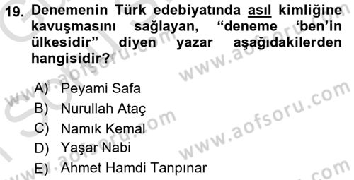 Yeni Türk Edebiyatına Giriş 1 Dersi 2019 - 2020 Yılı (Final) Dönem Sonu Sınav Soruları 19. Soru