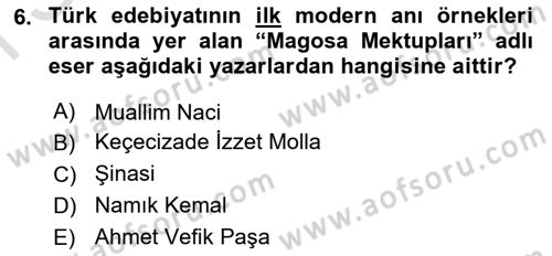 Yeni Türk Edebiyatına Giriş 1 Dersi 2019 - 2020 Yılı (Final) Dönem Sonu Sınav Soruları 6. Soru