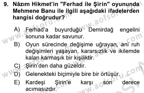 Yeni Türk Edebiyatına Giriş 1 Dersi 2019 - 2020 Yılı (Final) Dönem Sonu Sınav Soruları 9. Soru