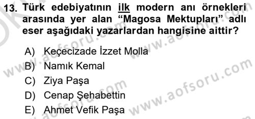 Yeni Türk Edebiyatına Giriş 1 Dersi 2020 - 2021 Yılı Yaz Okulu Sınav Soruları 13. Soru