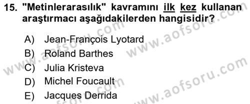 Yeni Türk Edebiyatına Giriş 1 Dersi 2020 - 2021 Yılı Yaz Okulu Sınav Soruları 15. Soru