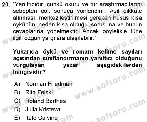 Yeni Türk Edebiyatına Giriş 1 Dersi 2020 - 2021 Yılı Yaz Okulu Sınav Soruları 20. Soru