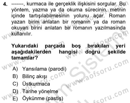 Yeni Türk Edebiyatına Giriş 1 Dersi 2020 - 2021 Yılı Yaz Okulu Sınav Soruları 4. Soru