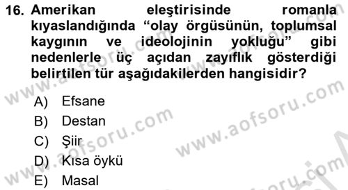 Yeni Türk Edebiyatına Giriş 1 Dersi 2021 - 2022 Yılı (Vize) Ara Sınav Soruları 16. Soru