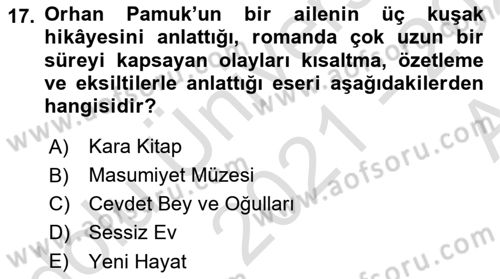Yeni Türk Edebiyatına Giriş 1 Dersi 2021 - 2022 Yılı (Vize) Ara Sınav Soruları 17. Soru