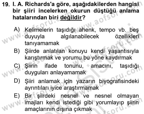 Yeni Türk Edebiyatına Giriş 1 Dersi Ara Sınavı Deneme Sınav Soruları 19. Soru
