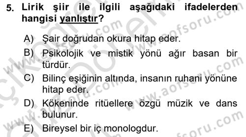 Yeni Türk Edebiyatına Giriş 1 Dersi Ara Sınavı Deneme Sınav Soruları 5. Soru