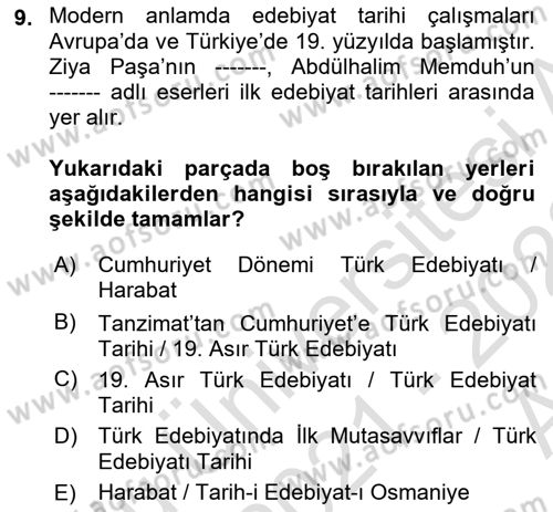 Yeni Türk Edebiyatına Giriş 1 Dersi Ara Sınavı Deneme Sınav Soruları 9. Soru