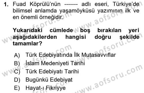 Yeni Türk Edebiyatına Giriş 1 Dersi 2021 - 2022 Yılı (Final) Dönem Sonu Sınav Soruları 1. Soru