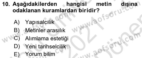 Yeni Türk Edebiyatına Giriş 1 Dersi 2021 - 2022 Yılı (Final) Dönem Sonu Sınav Soruları 10. Soru