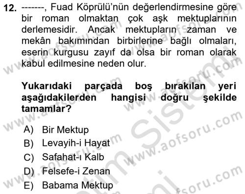 Yeni Türk Edebiyatına Giriş 1 Dersi 2021 - 2022 Yılı (Final) Dönem Sonu Sınav Soruları 12. Soru